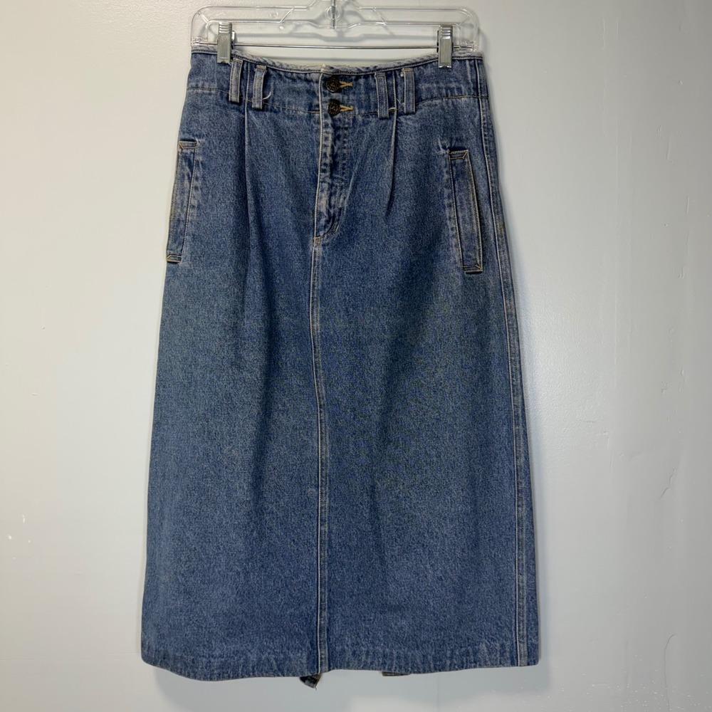 Lizwear Vintage Denim Midi Skirt Blue High Waisted Pleated Cotton Size 10 30x30